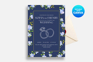 Navy Blue Floral Wedding Invitation, an Invitation Template by M9 Design