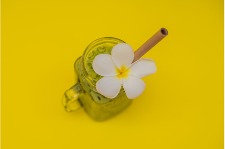 Green tea latte with ice in mason, a Food & Drink Photo by Elizaveta Galitskaya