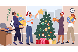 Office employees decorate Christmas, an Illustration by Vectorbuum