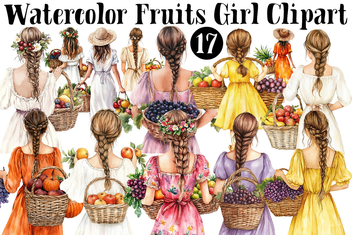 Watercolor Fruits Girl Clipart, a Seasonal Illustration by CitraGraphics (Photo 1 of 6)