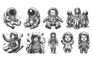 children astronaut engraving set, a Person Illustration by AlexArt