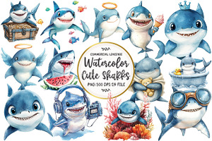 Watercolor Cute Sharks Clipart, an Illustration by OK Design