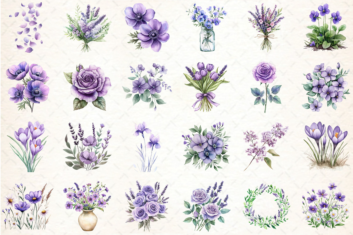 Watercolor Purple Spring Clipart, an Illustration by DreamCafeArt (Photo 3 of 3)