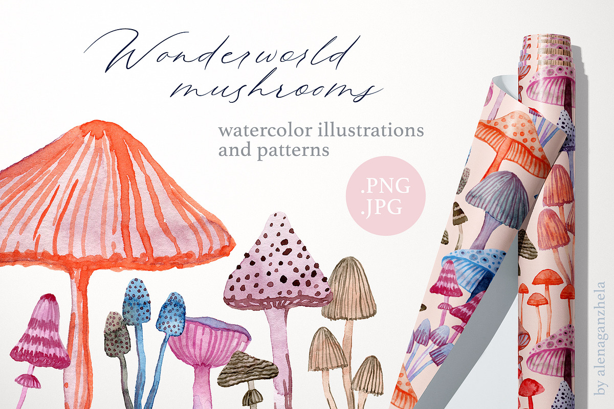 Wonderland watercolor mushrooms, a Decorative Illustration by alenaganzhela (Photo 1 of 9)