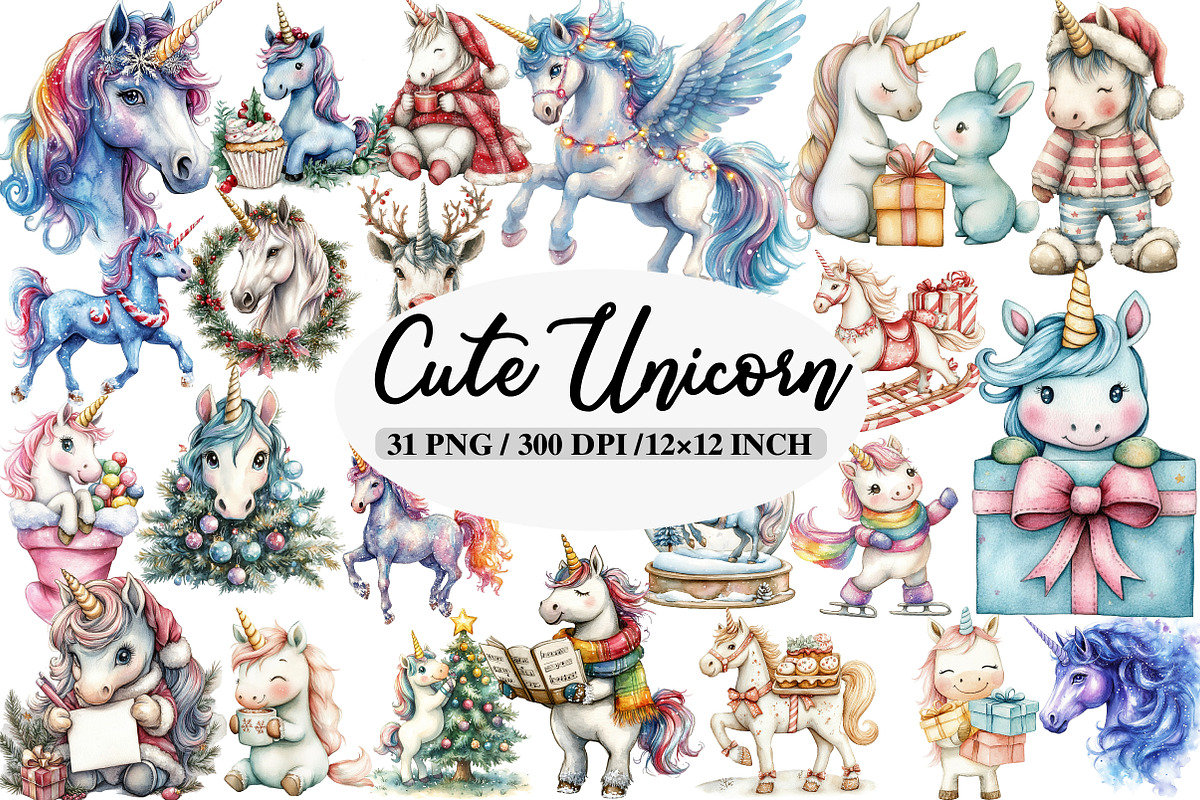 Cute Unicorn Christmas Clipart, an Illustration by Daily.Designs (Photo 1 of 5)
