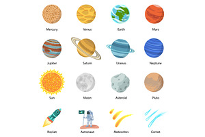 Space planet icon set, flat style, an Illustration by Ylivdesign