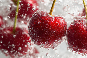 Bubbles surround fresh red cherries, a Photo by Beautiful things