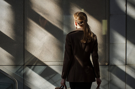A woman in business attire walking d, a Photo by Iftikhar Alam