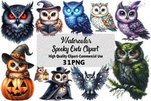 Watercolor Spooky Owls Clipart, an Illustration by Daily.Designs