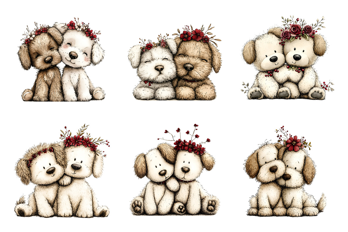 Whimsical Dogs Floral Clipart, an Illustration by SinaCreation (Photo 3 of 11)