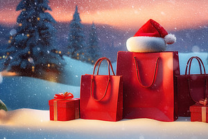Red Christmas shopping and gifts in the snowy landscape, a Holiday Photo by Davizro's Market