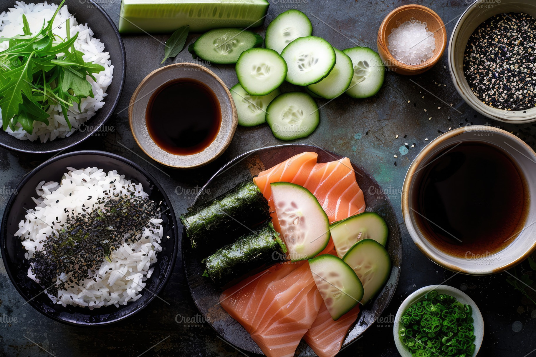 Some raw ingredients to make sushi, a Food & Drink Photo by Virgo Studio