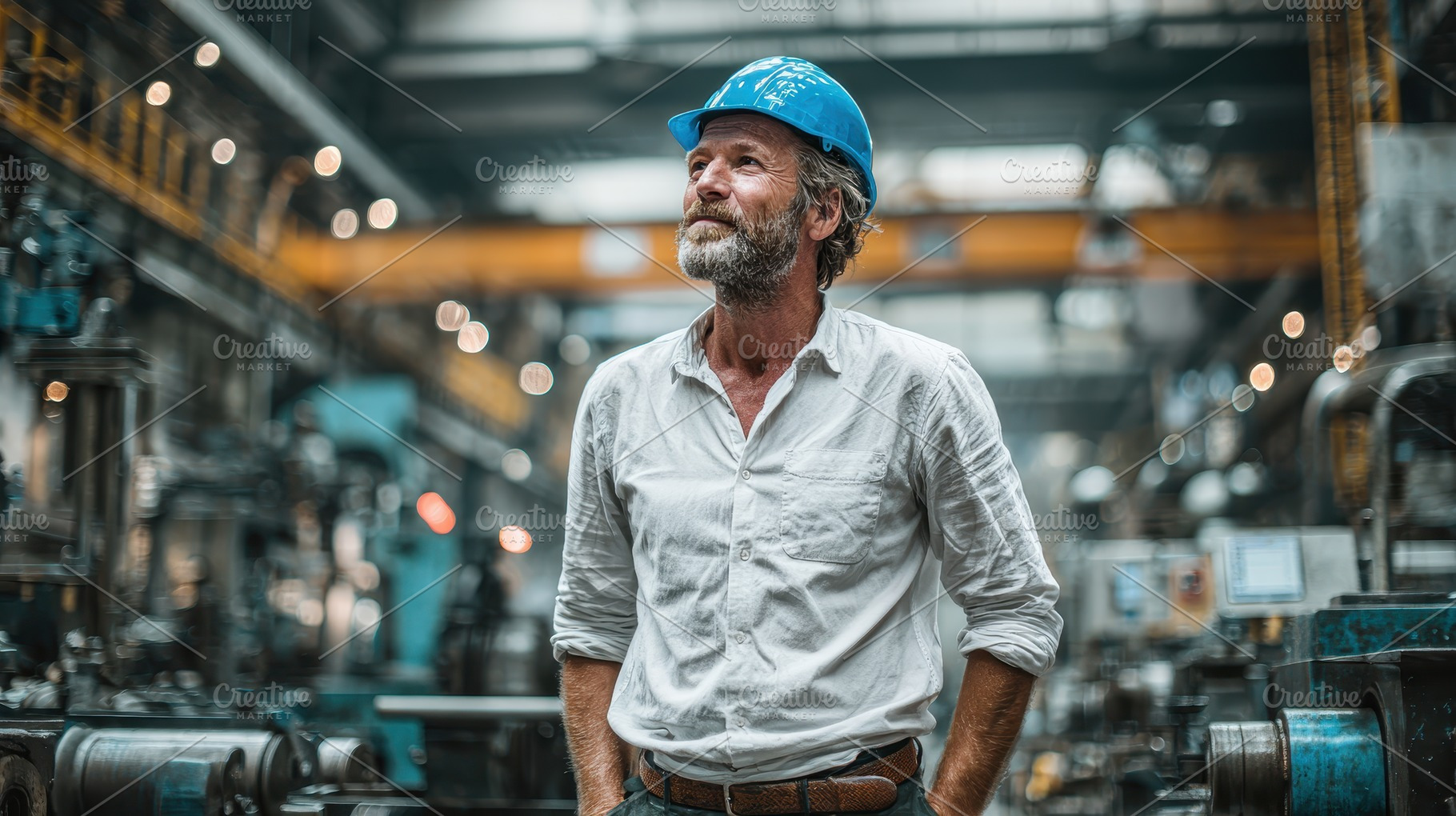 Factory worker thoughtful expression, a Photo by Pixeness Studio