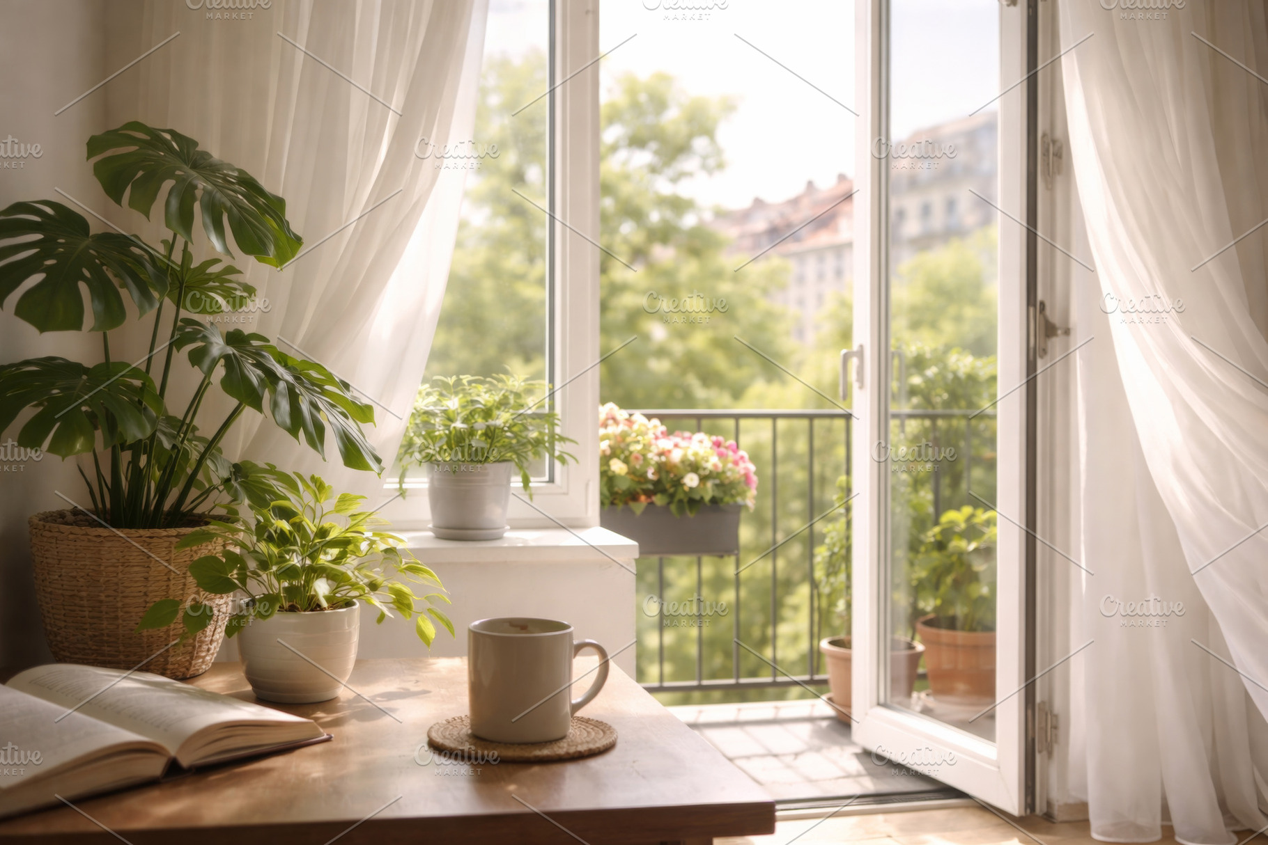 Cozy home interior with open balcony door and plants, bright day, a Photo by Dvoevnore photos