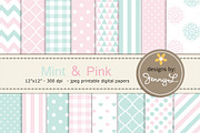 Mint and Pink Digital Papers, a Pattern Graphic by JennyL Designs (Thumbnail 1 of 3)