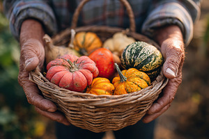 Hands hold a woven basket full of colorful pumpkins during autumn harvest in th, a Photo by AlyaAnd