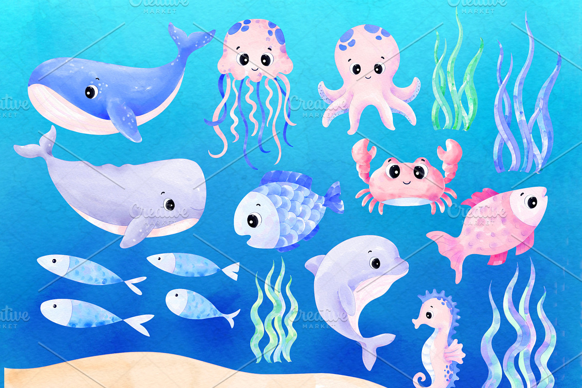 Watercolor Under Sea Animals Clipart, an Animal Illustration by MiracleArtAndDesign (Photo 4 of 8)