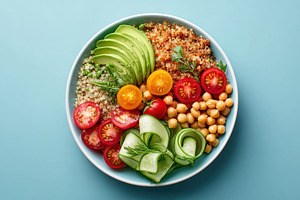 Colorful quinoa salad with fresh vegetables, a Food & Drink Photo by AlyaAnd
