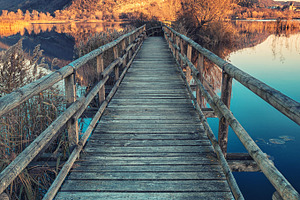 Wood bridge featuring wood bridge, lake, and peatlands
