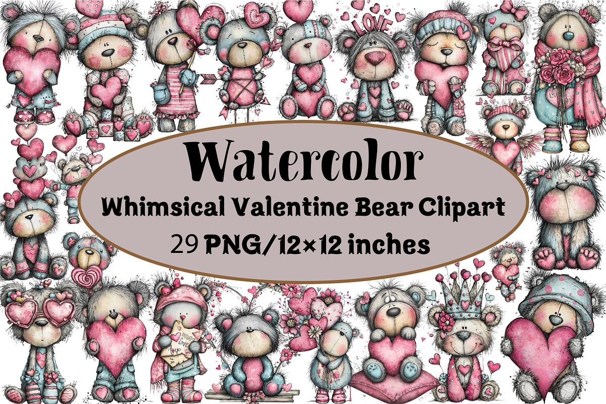 Whimsical Valentine Bear Clipart, an Illustration by Design Market (Photo 1 of 3)