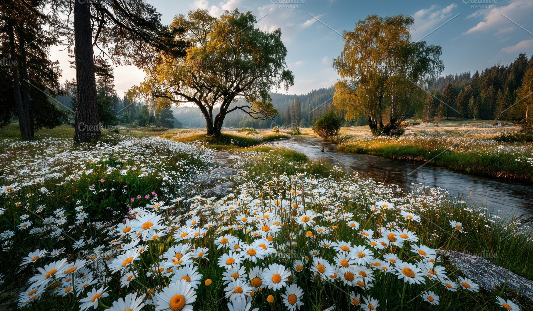 Field of daisies and wildflowers under ancient oak tree beside f, a Nature Photo by José Manuel Gelpi