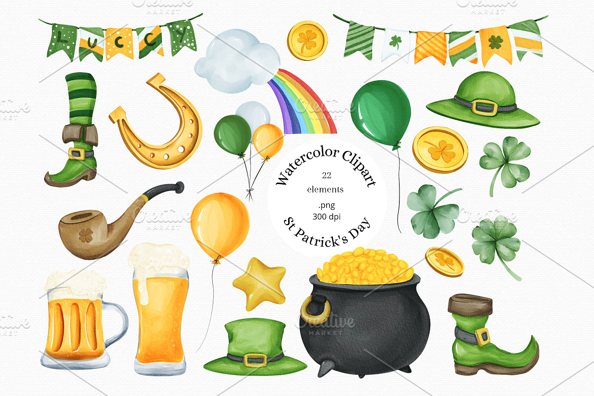 Watercolor St Patrick's Day Clipart, an Illustration by MiracleArtAndDesign (Photo 1 of 2)
