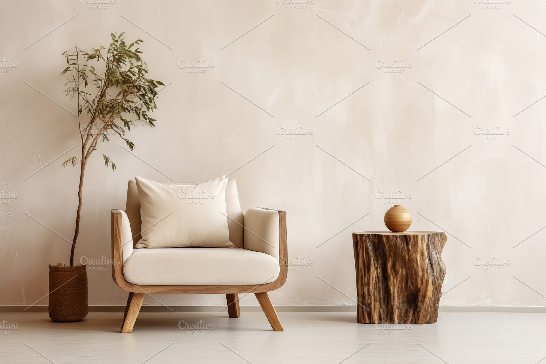 Modern beige Interior with chair and natural solid wood slab table. Empty wall, an Architecture Photo by colnihko