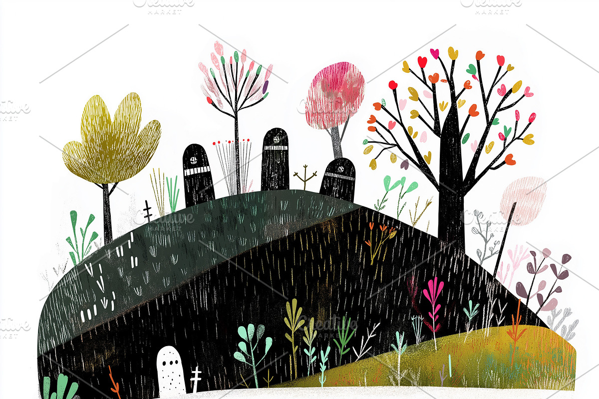 Black gravestones at a graveyard, an Empty State Illustration by Sybillla