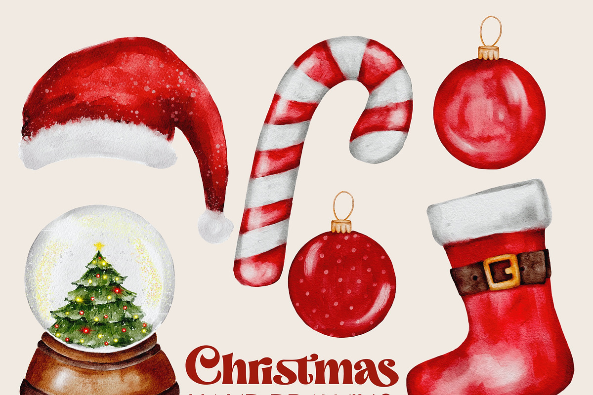 Christmas watercolor clipart set png, a Seasonal Illustration by Julia Bogdan (Photo 3 of 9)
