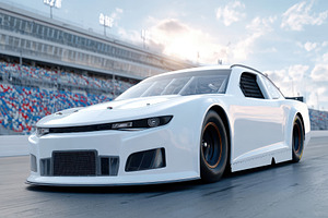 Modern race car on racetrack, a Transportation Photo by AlyaAnd