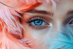 Portrait of beautiful woman with blue eyes and feathers in pastel colors, a Person Photo by AlyaAnd