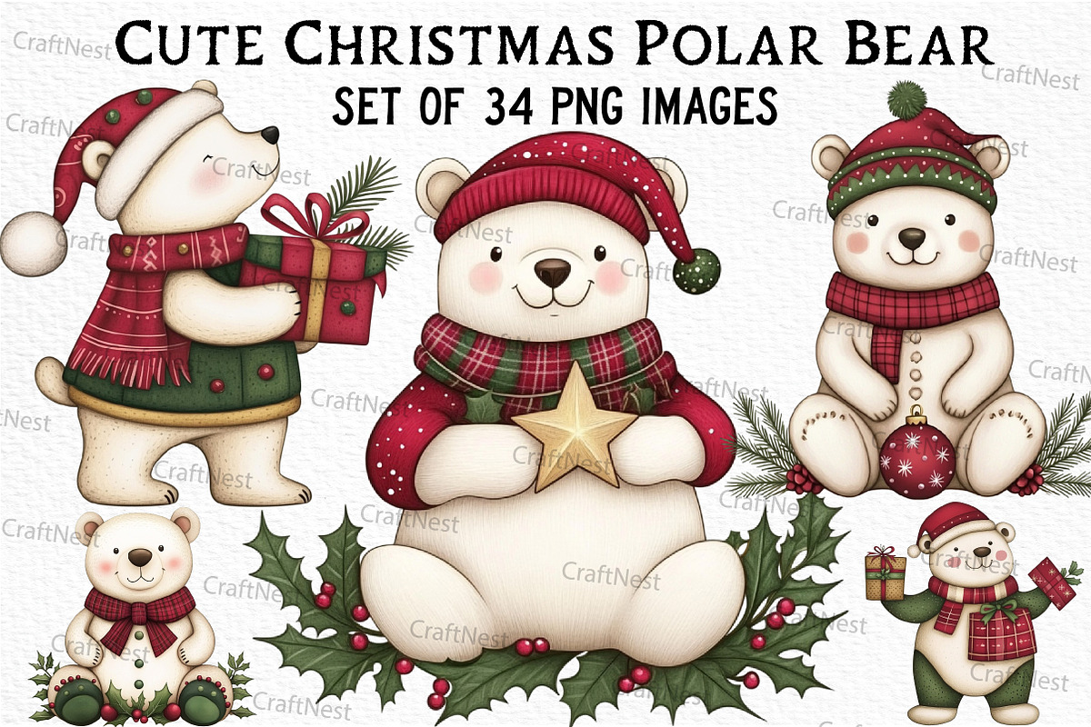 Cute Christmas Polar Bear Clipart, an Illustration by Craft Nest (Photo 1 of 6)