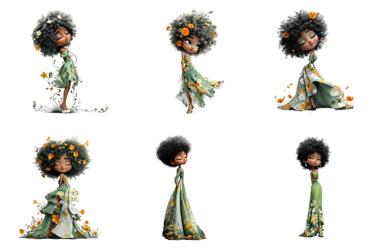 Whimsical Floral Black Girls Clipart, an Illustration by SinaCreation (Photo 3 of 9)