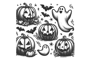 Halloween pumpkins and ghosts vector, an Illustration by AlexArt