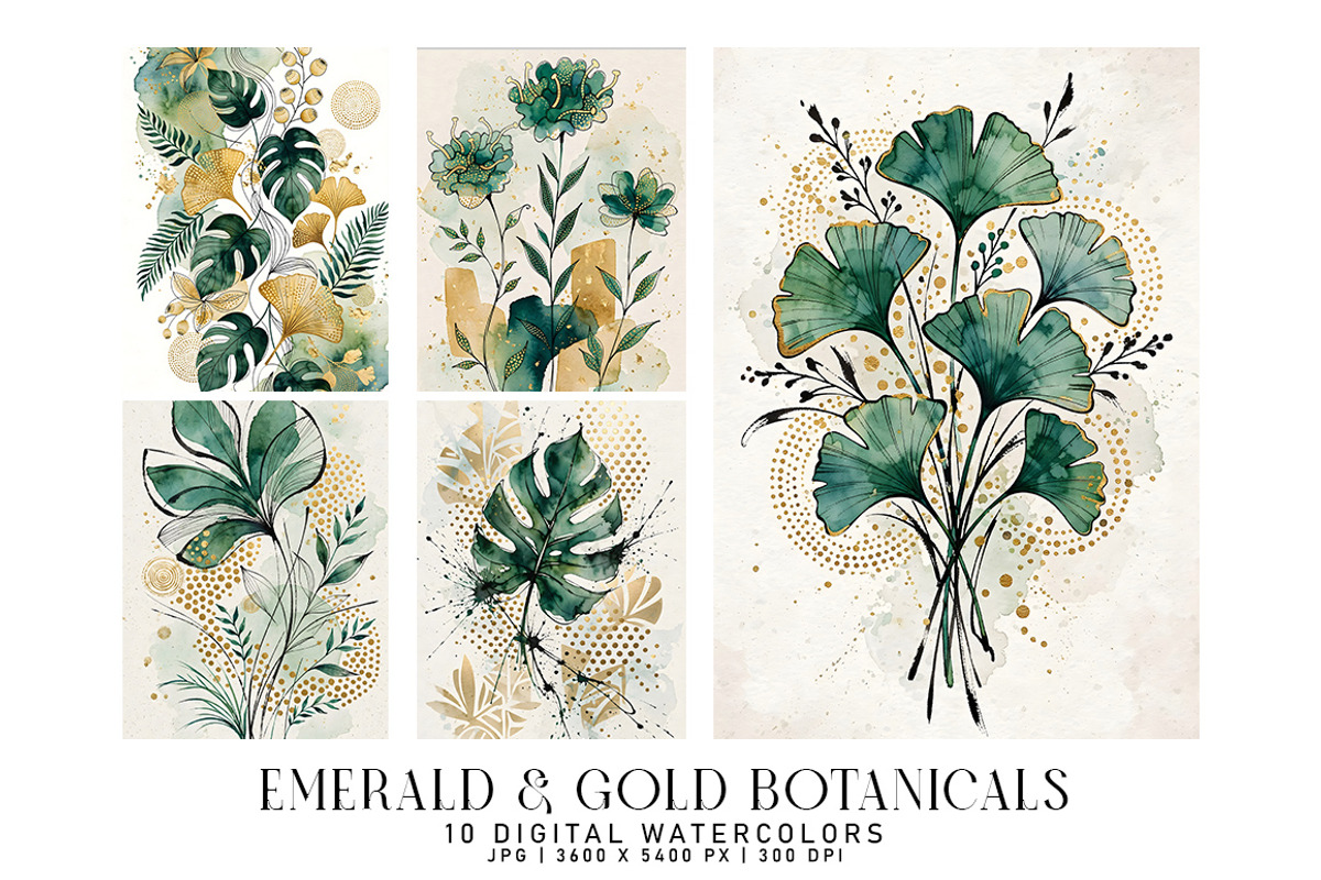 Emerald and Gold Botanicals, a Decorative Illustration by Digital Art Creations (Photo 2 of 5)