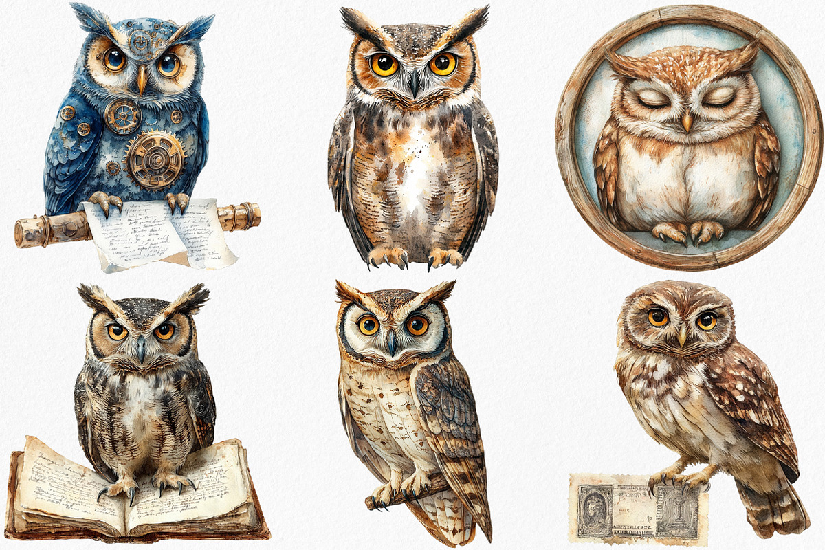 Watercolor Vintage Owl Clipart, an Illustration by Canvas Craft (Photo 2 of 6)