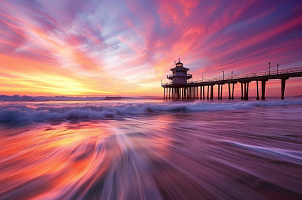 A vibrant sunset paints the sky with, a Photo by Tanuart