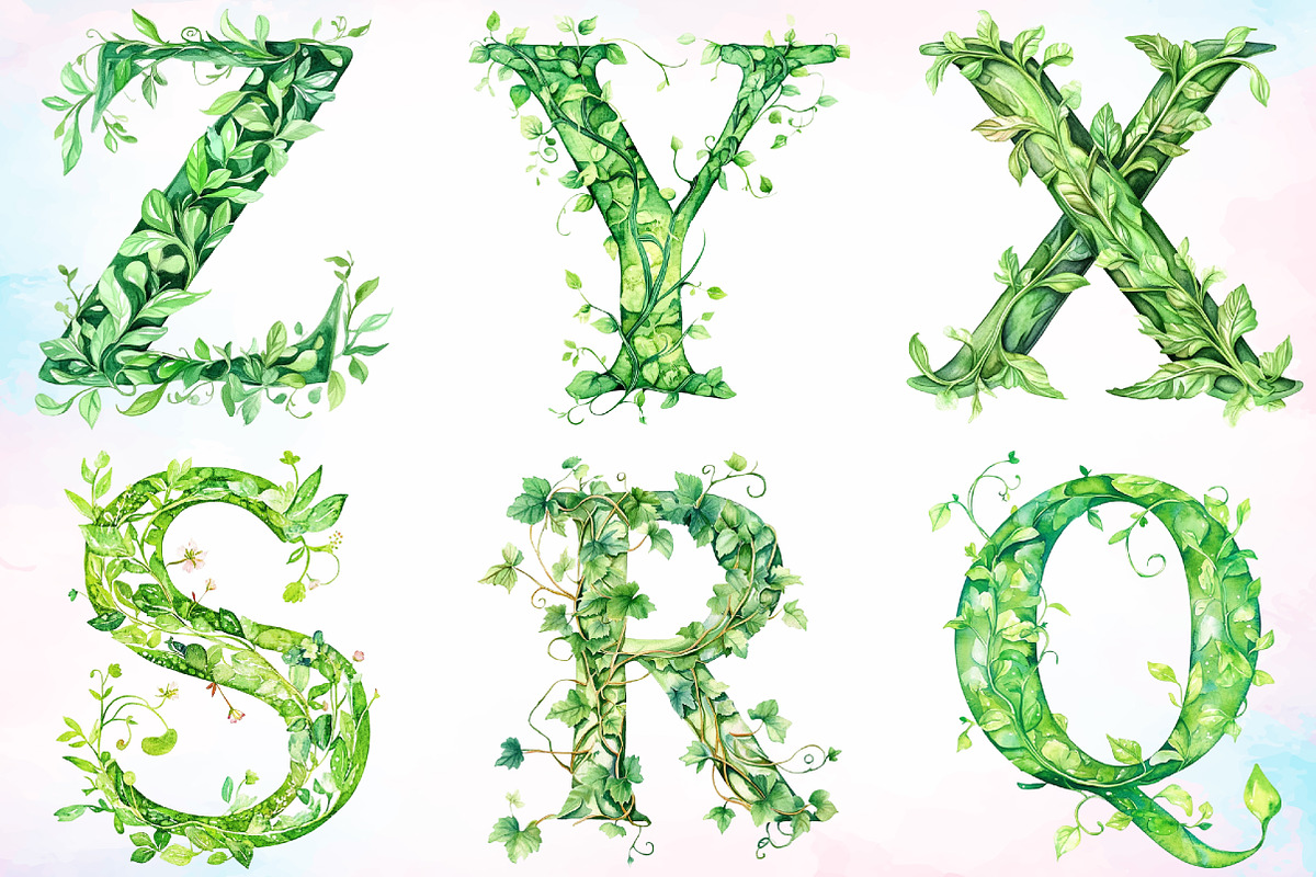 Watercolor Green Leaf Alphabet PNG, an Illustration by Canvas Craft (Photo 4 of 5)
