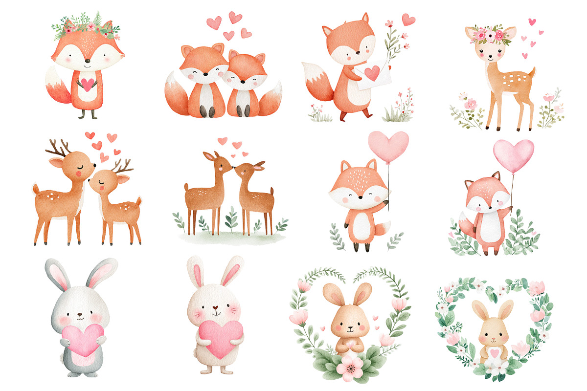 Watercolor Animals Valentine's Clipa, an Illustration by Dream Creation (Photo 2 of 7)