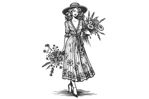 Retro Woman in Floral Dress Holding, a Person Illustration by AlexArt