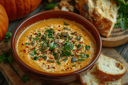 Pumpkin soup with cream and seeds, a Food & Drink Photo by AlyaAnd