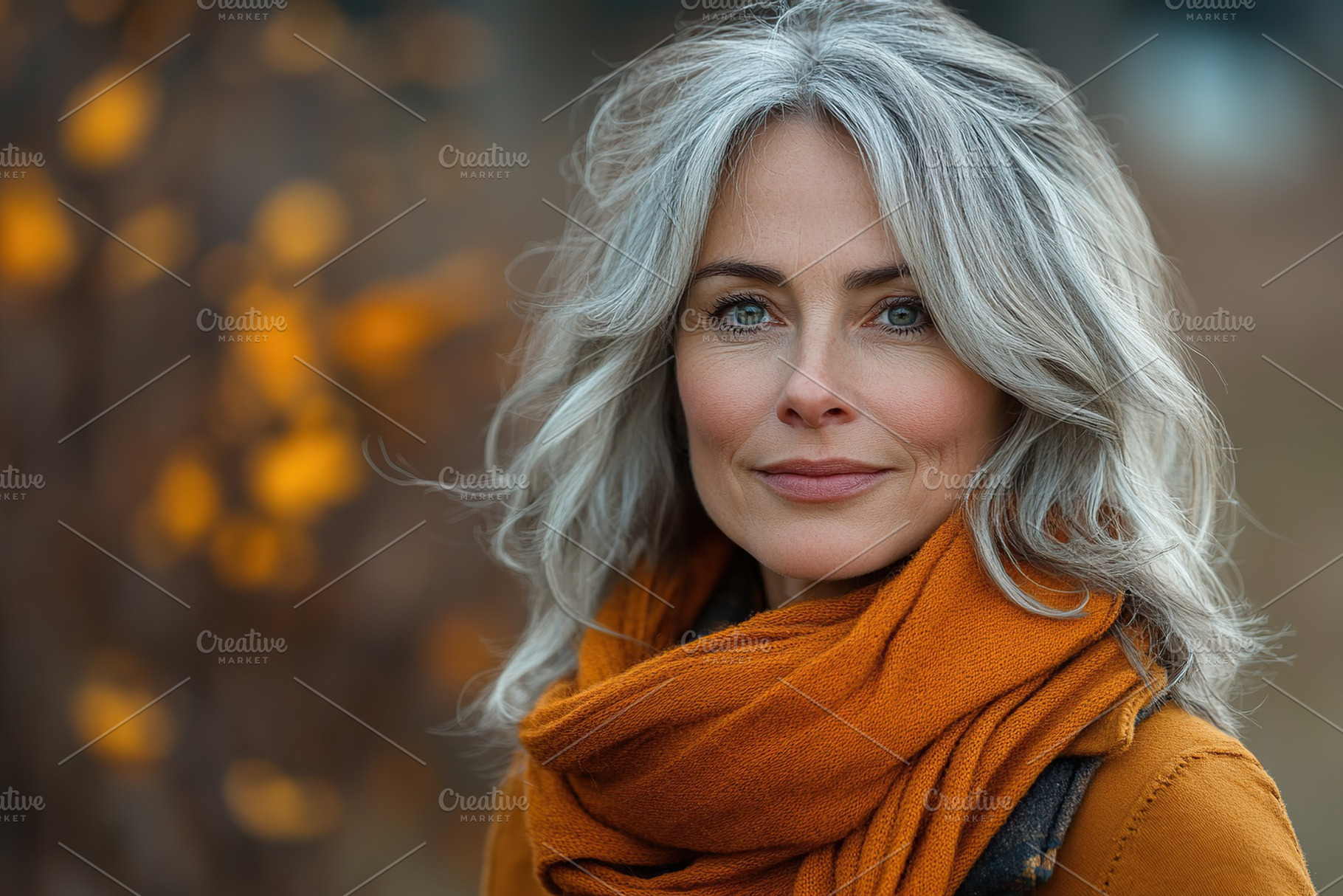 Middle aged woman with gray hair smiles warmly in a vibrant fall setting, a Person Photo by AlyaAnd