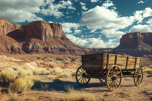 Wooden wagon crosses rugged desert, a Photo by Pavel_design