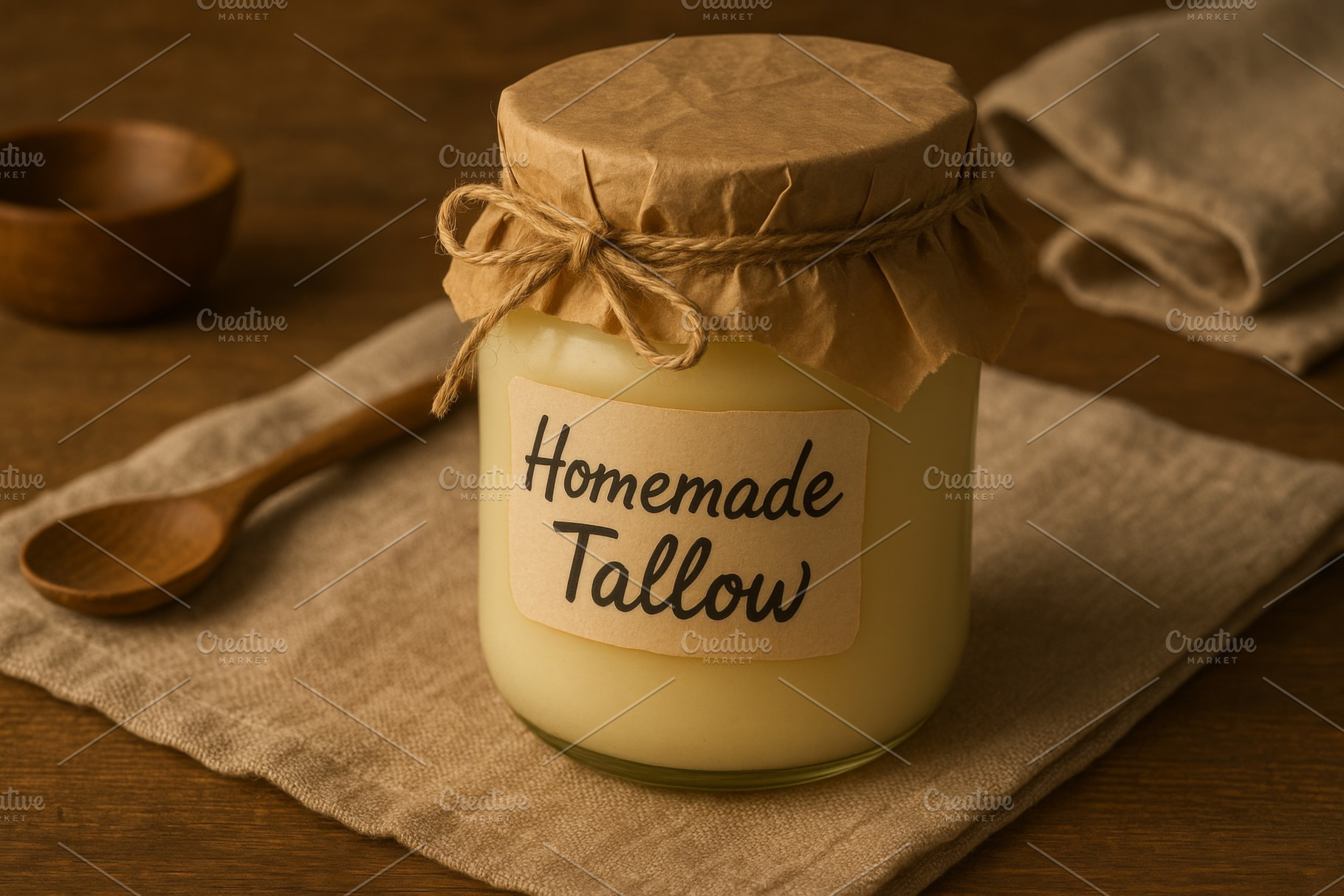 Jar of homemade tallow on rustic clo, a Photo by Dvoevnore photos