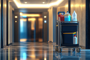 Cleaning lady cart with equipment for cleaner and health, a Photo by AlyaAnd