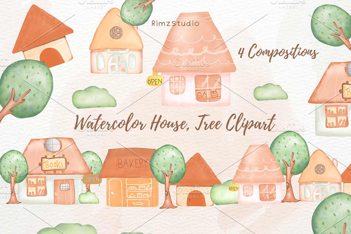 Watercolor Countryside Homes, Trees, an Education Illustration by RimzStudio (Photo 1 of 4)