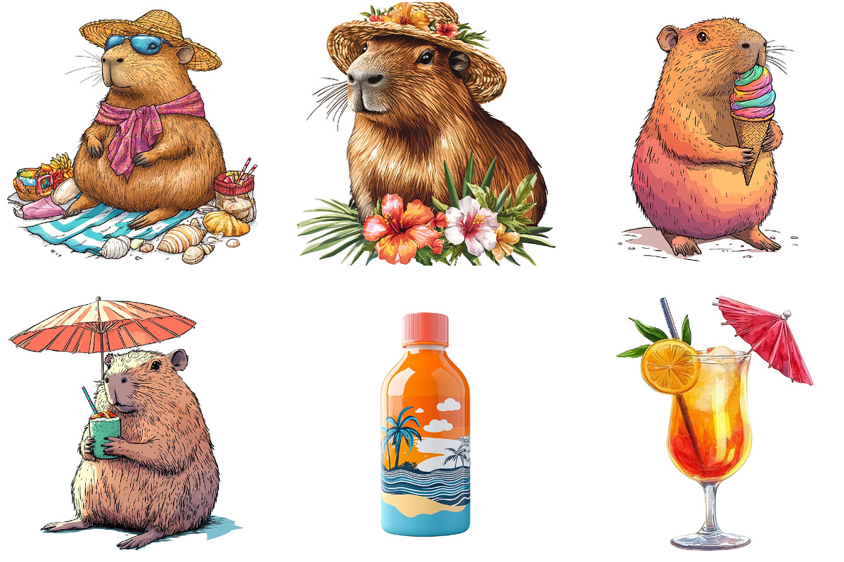 Summer Capybara Clipart Set PNG, an Illustration by Designking (Photo 3 of 5)