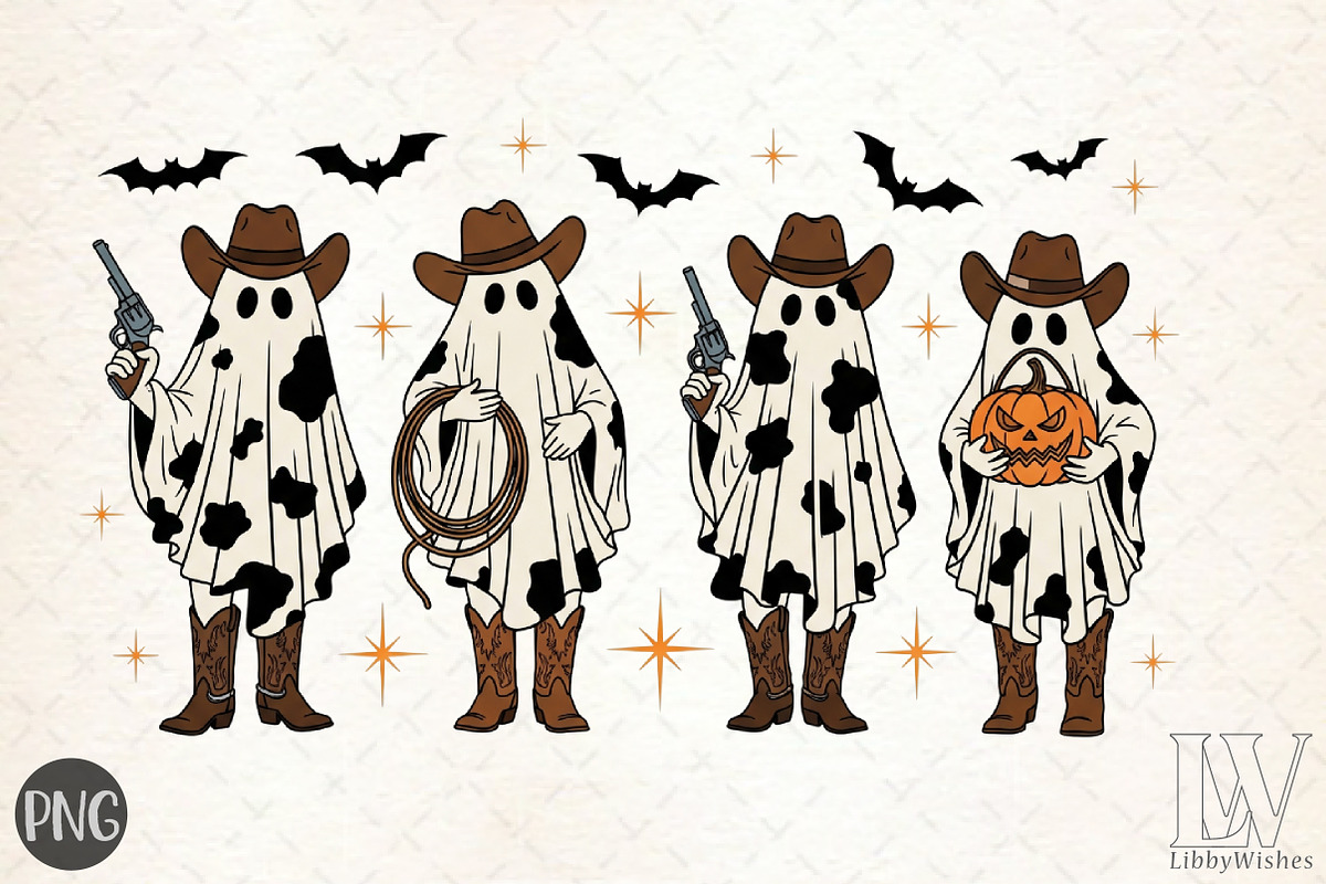 Cow Pattern Cowboy Ghost Halloween, an Illustration by Libby Wishes (Photo 1 of 6)
