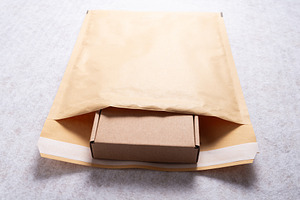 Brown Cardboard Box Inside Open Bubble Mailer Plastic Padded Env, an Industrial Photo by MDBildes