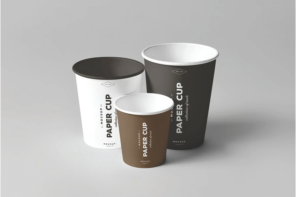 Trio Set Coffee Paper Cups Mockup, a Cups & Container Mockup by DesignRushMarket (Photo 1 of 2)